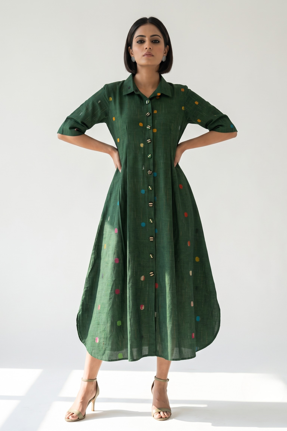 Emerald Confetti Dots Cotton Box Pleat Button Down Shirt Dress Mc