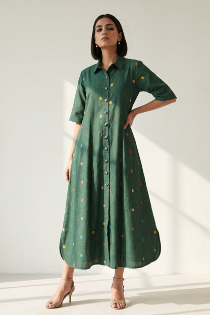 Emerald Confetti Dots Cotton Box Pleat Button Down Shirt Dress Mc