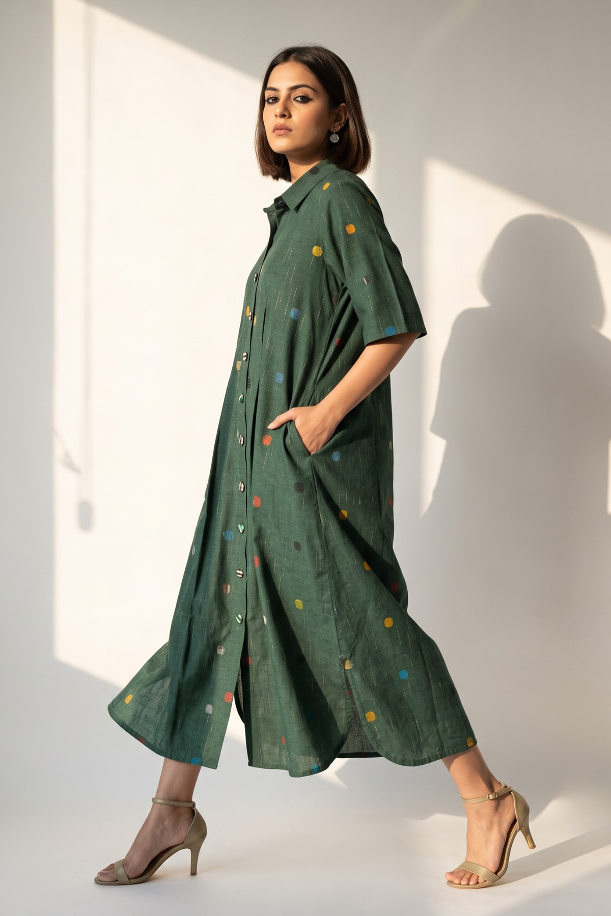 Emerald Confetti Dots Cotton Box Pleat Button Down Shirt Dress Mc