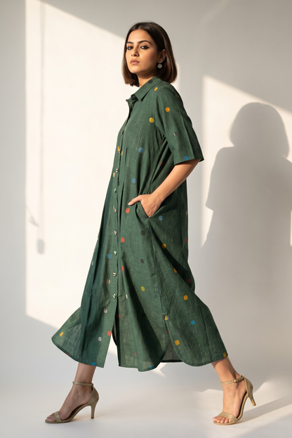 Emerald Confetti Dots Cotton Box Pleat Button Down Shirt Dress Mc
