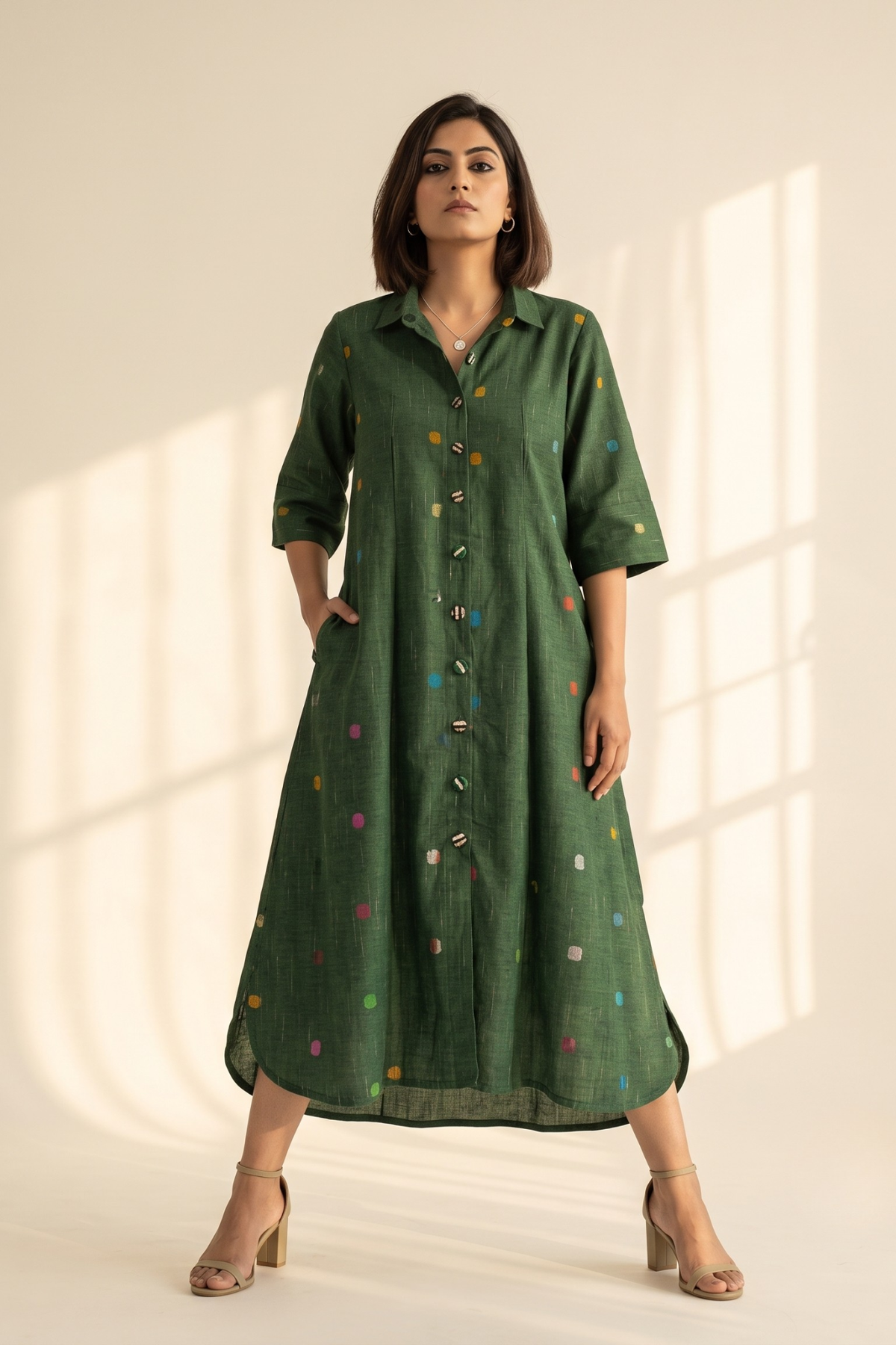 Emerald Confetti Dots Cotton Box Pleat Button Down Shirt Dress Mc