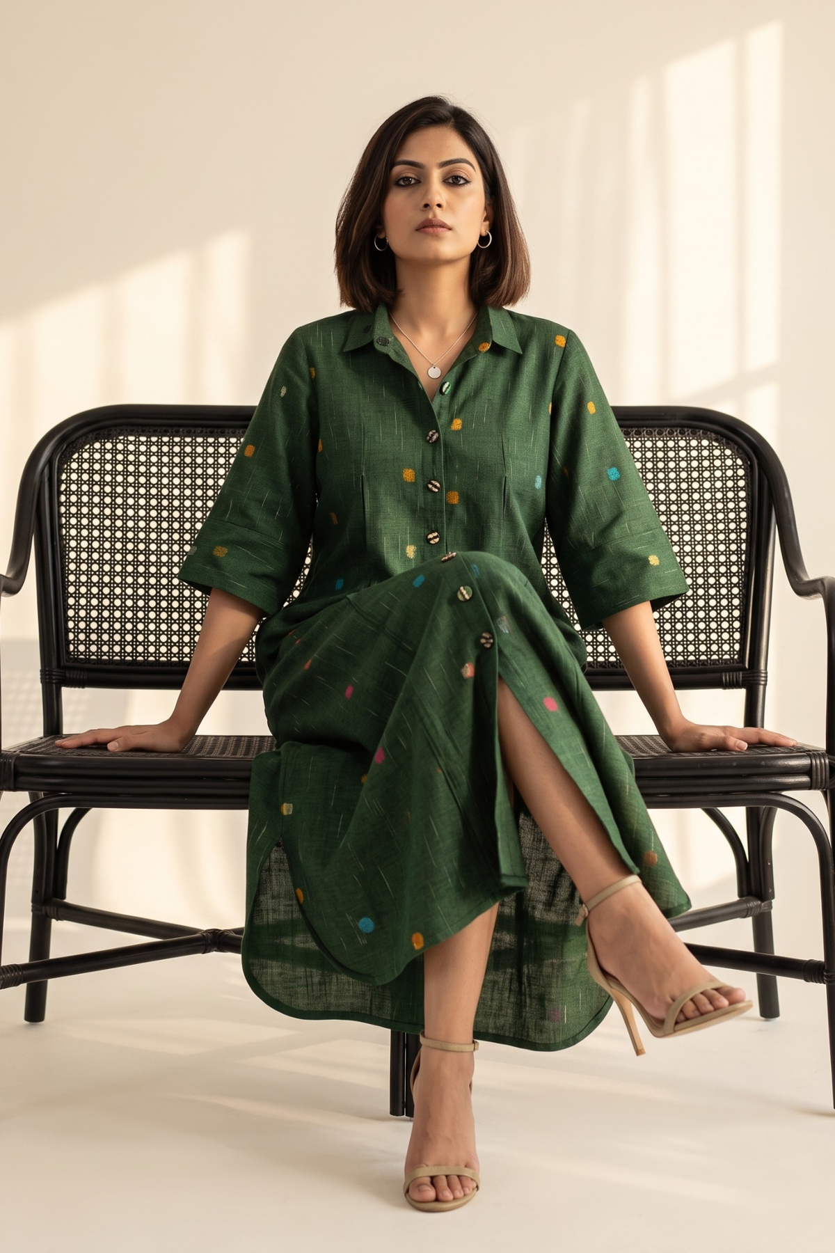 Emerald Confetti Dots Cotton Box Pleat Button Down Shirt Dress Mc