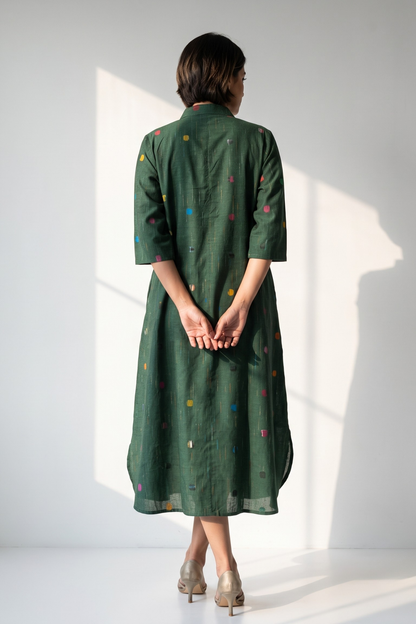 Emerald Confetti Dots Cotton Box Pleat Button Down Shirt Dress Mc