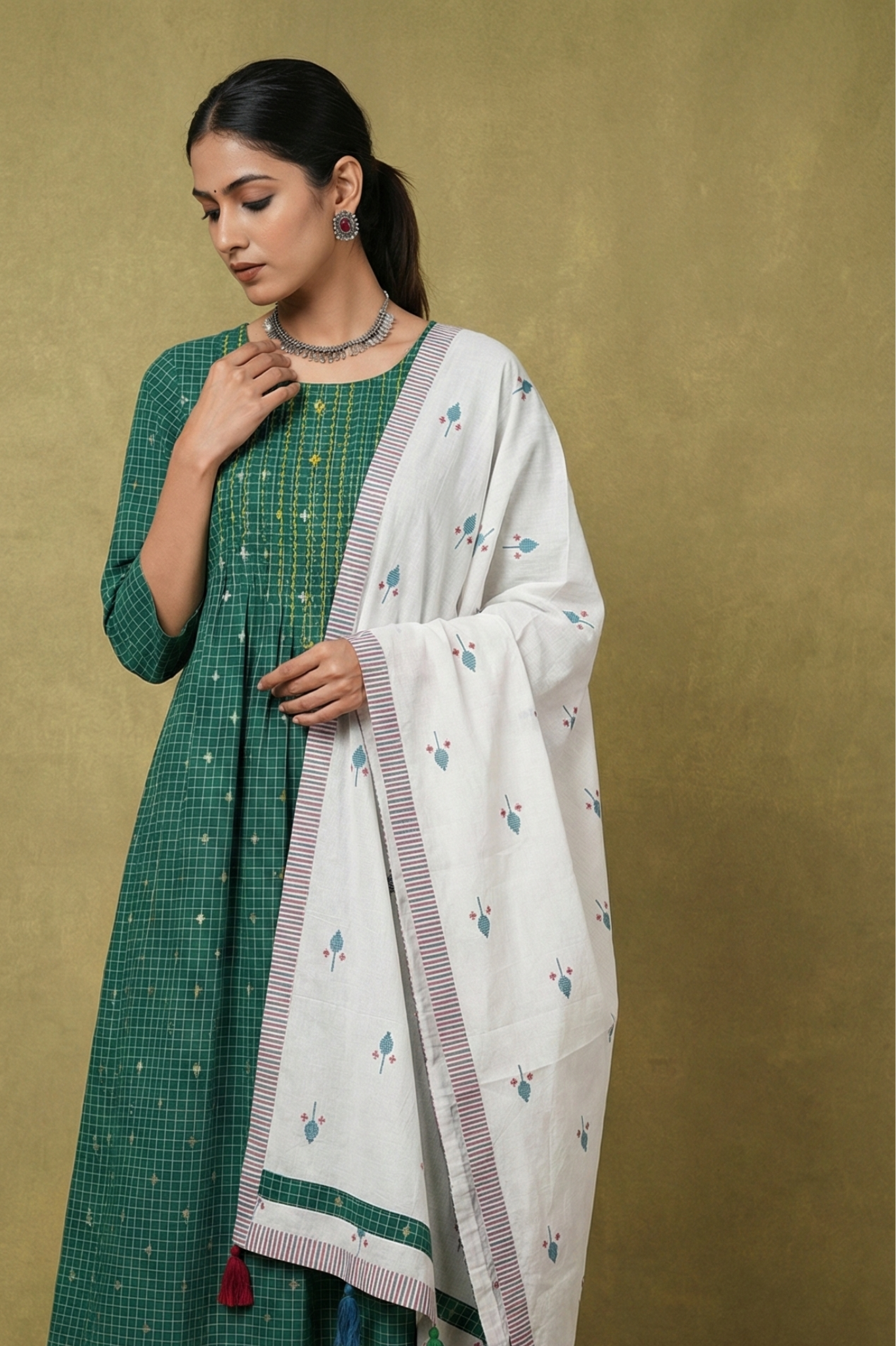 Emerald Pin Bloom Cotton Kurta Top With Pintuck Mc
