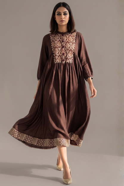 Espresso Ease Modal Gather Dress With Yoke Mc