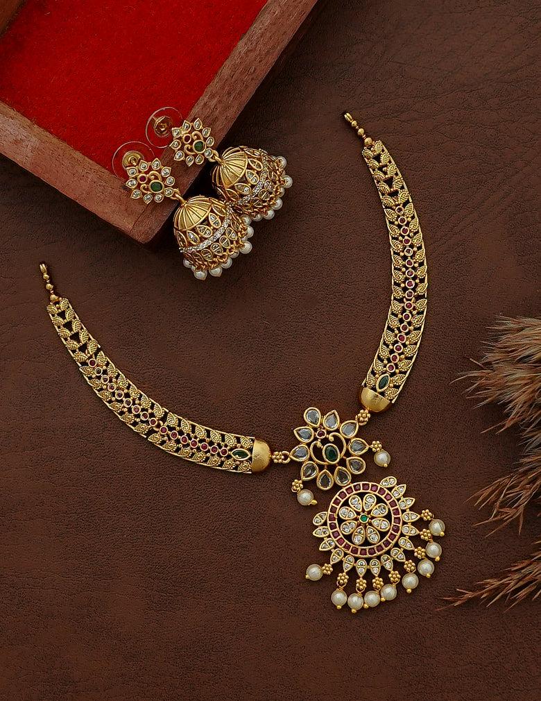 18K Gold-Tone Kundan Necklace Set with Multicolor Stones and Pearl Drops