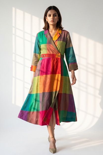 Fiesta Madras Plaid Cotton Long Trench Dress Mc