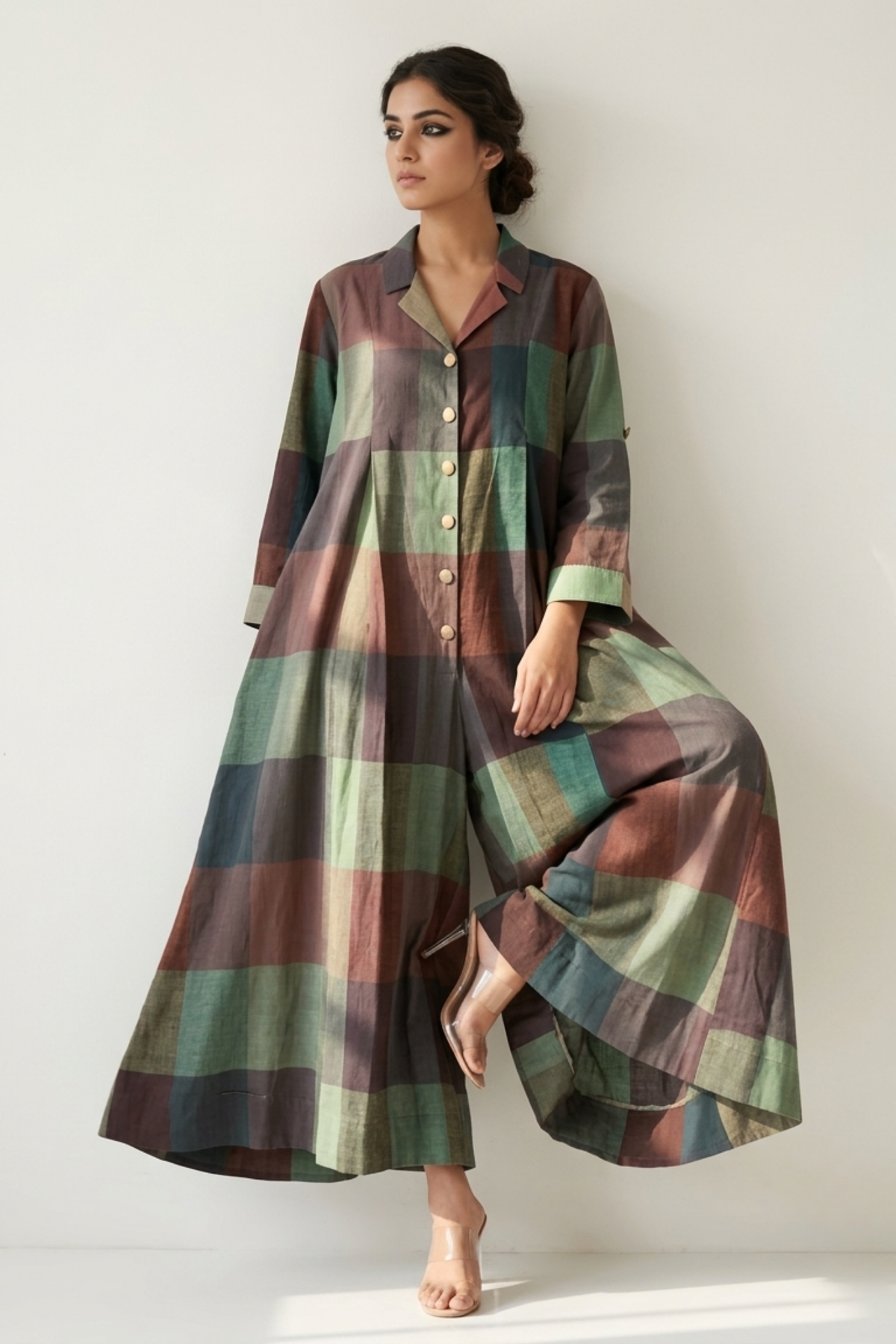 Forest Floor Madras Checks Cotton Jumpsuit with Pockets & Collar Mc