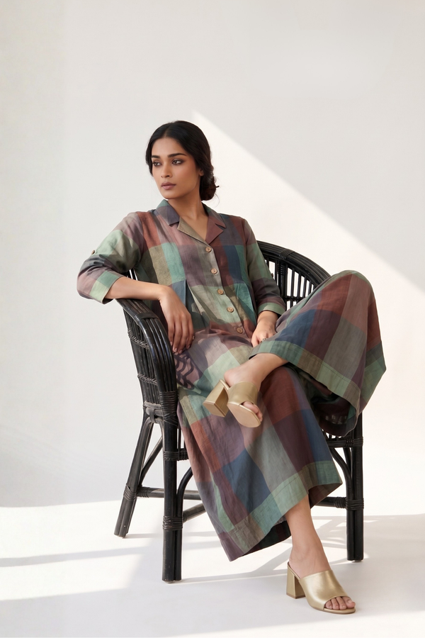Forest Floor Madras Checks Cotton Jumpsuit with Pockets & Collar Mc