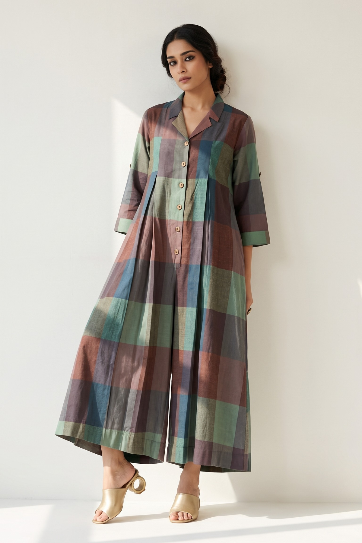 Forest Floor Madras Checks Cotton Jumpsuit with Pockets & Collar Mc