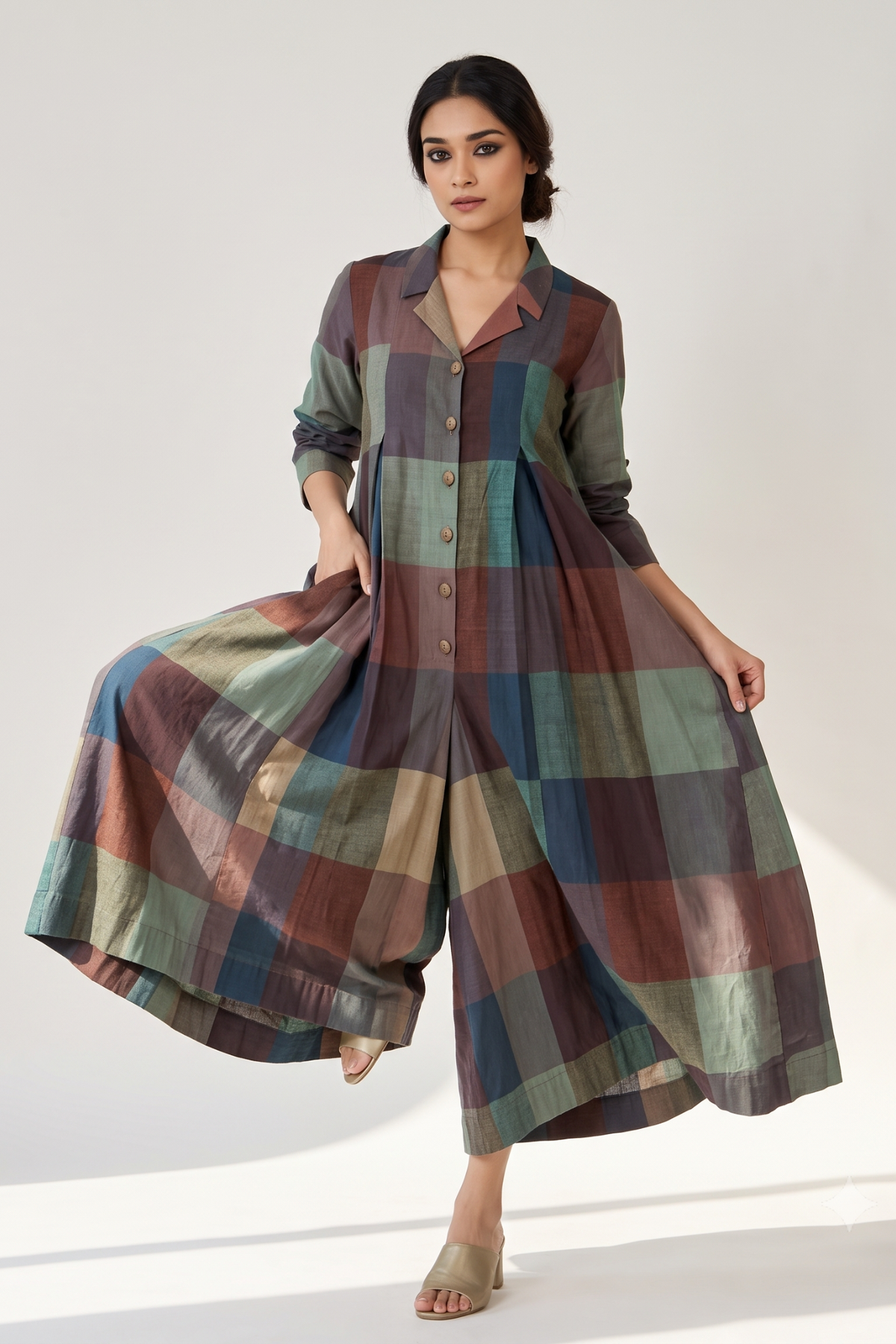 Forest Floor Madras Checks Cotton Jumpsuit with Pockets & Collar Mc