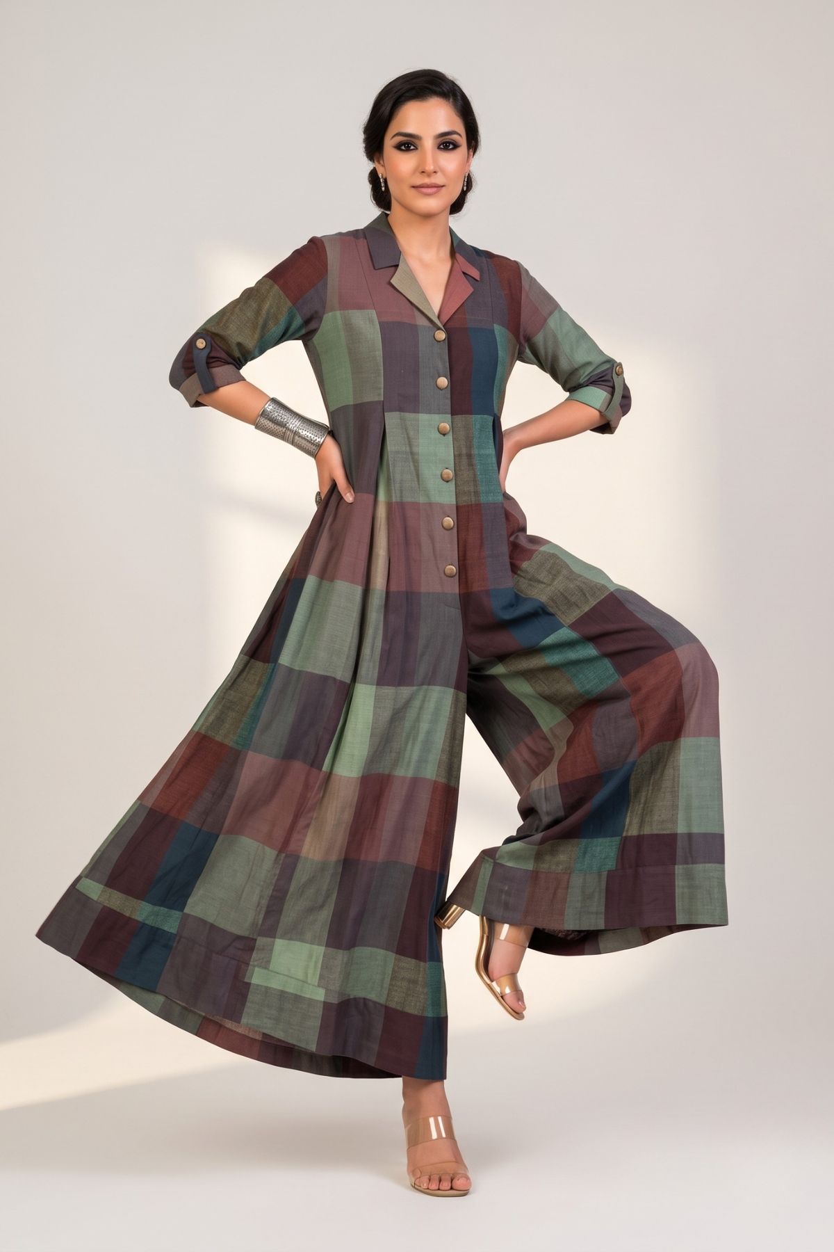 Forest Floor Madras Checks Cotton Jumpsuit with Pockets & Collar Mc