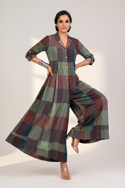 Forest Floor Madras Checks Cotton Jumpsuit with Pockets & Collar Mc