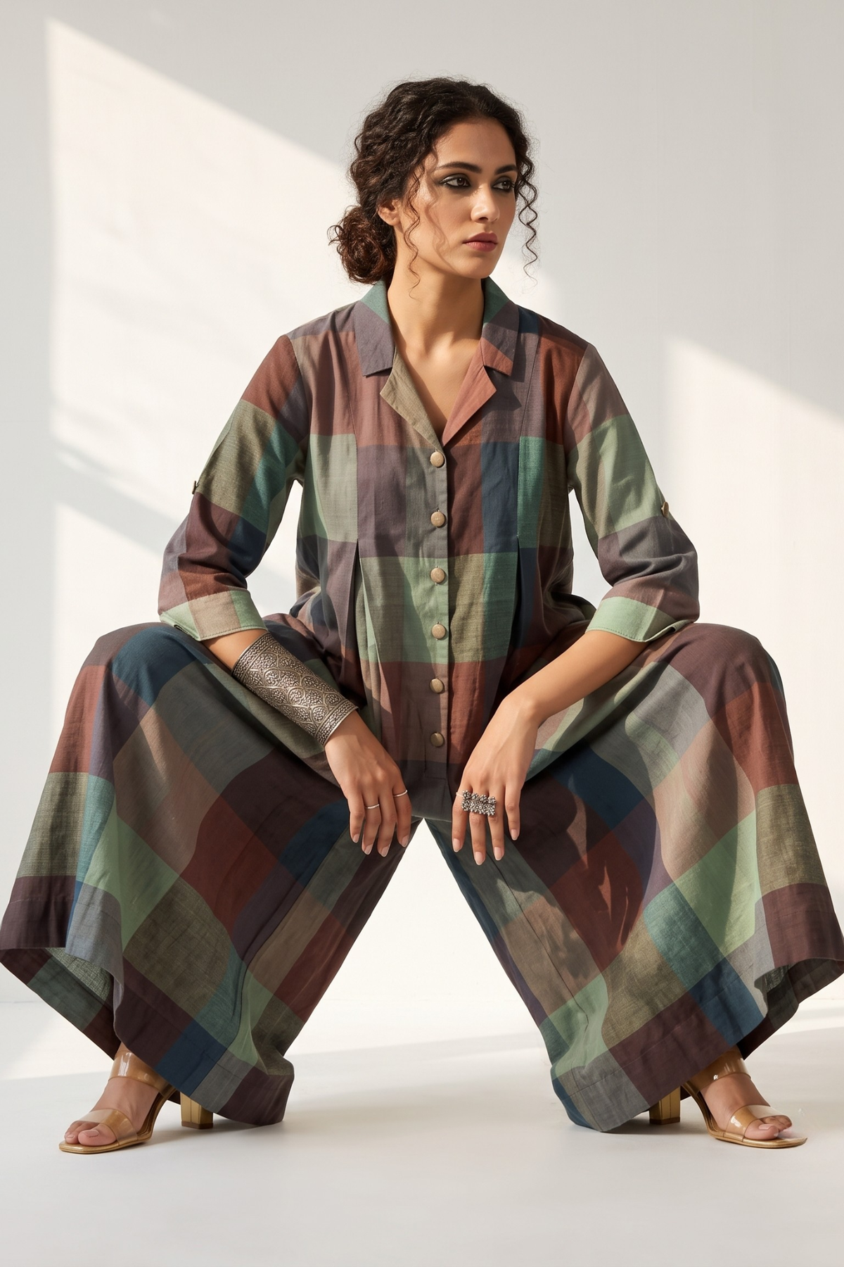 Forest Floor Madras Checks Cotton Jumpsuit with Pockets & Collar Mc