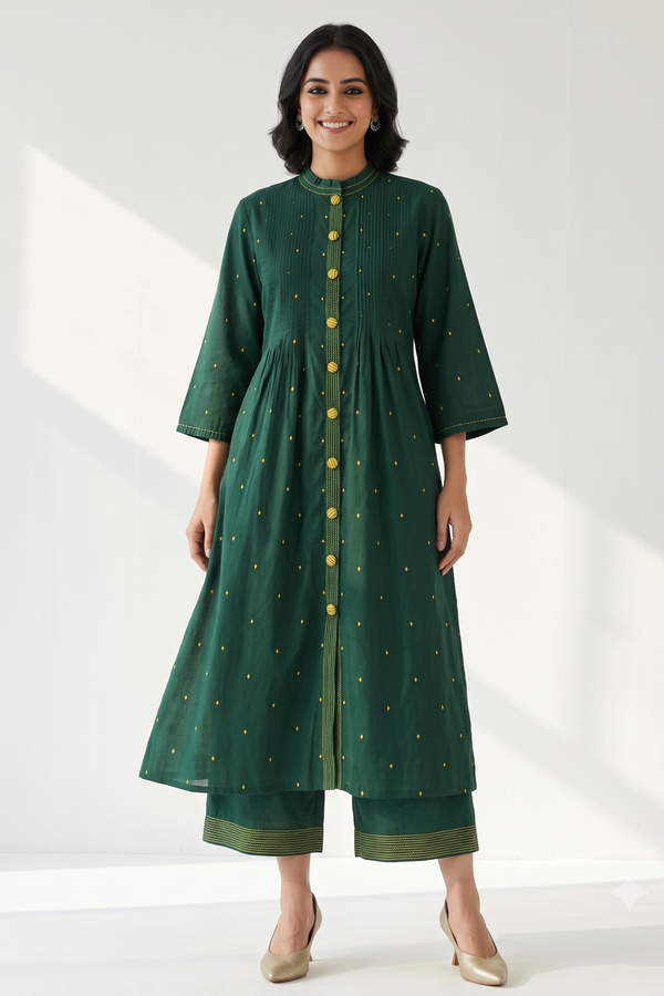 Forest & Gold Cotton Pleated Pintuck Button Down Dress Mc
