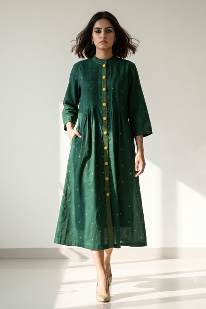 Forest & Gold Cotton Pleated Pintuck Button Down Dress Mc