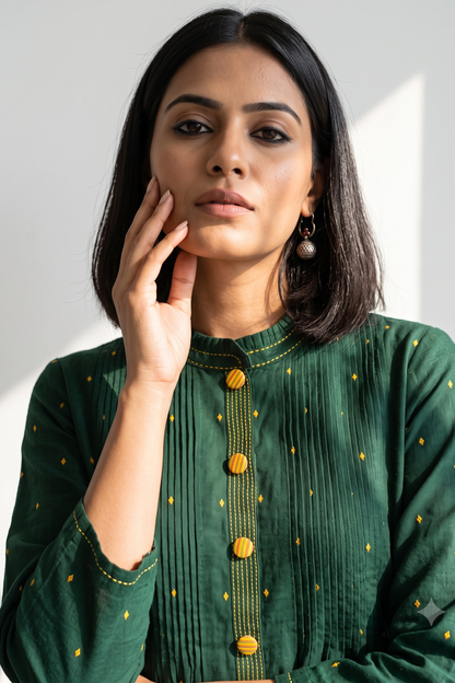 Forest & Gold Cotton Pleated Pintuck Button Down Dress Mc