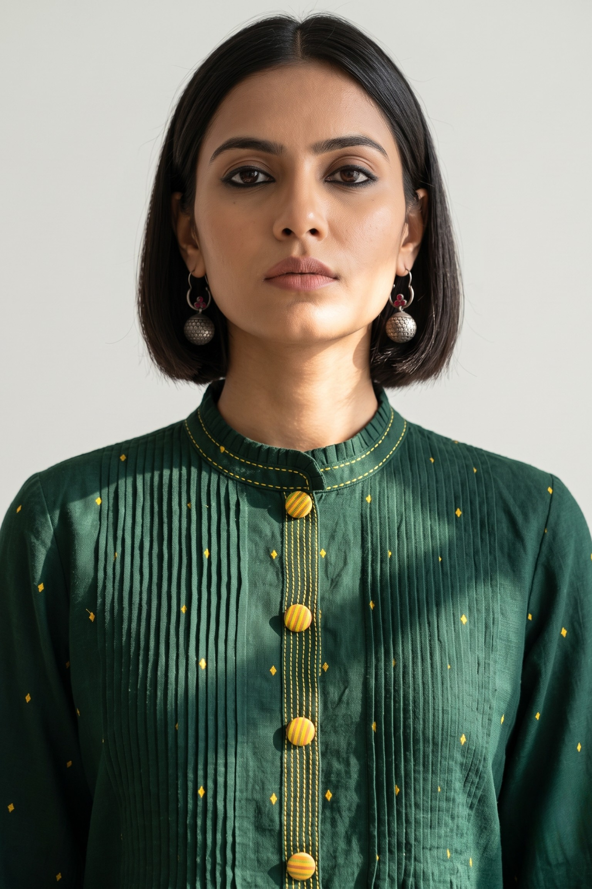 Forest & Gold Cotton Pleated Pintuck Button Down Dress Mc