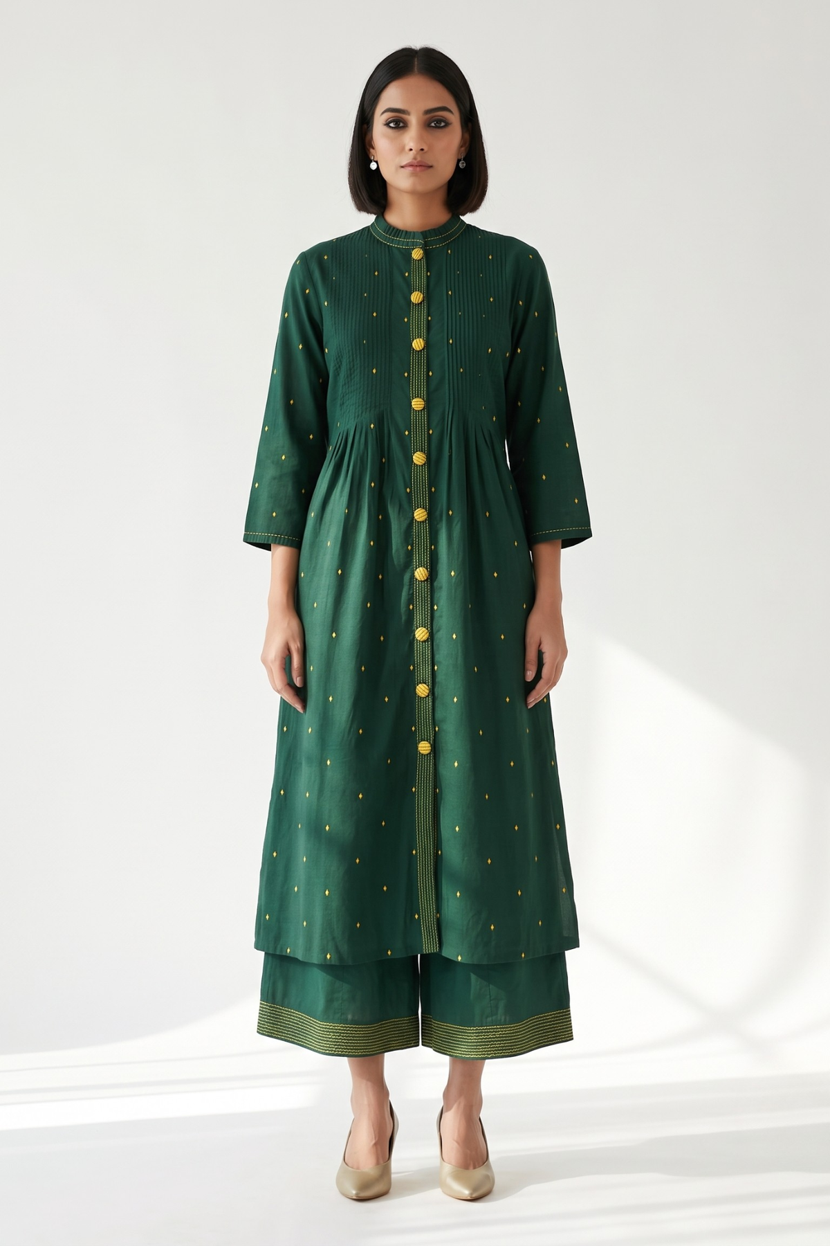 Forest & Gold Cotton Pleated Pintuck Button Down Dress Mc