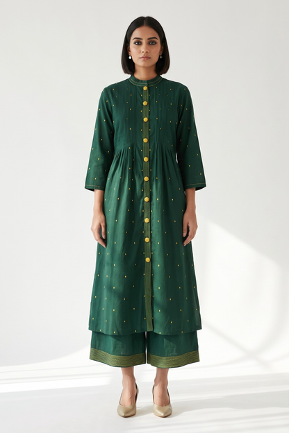 Forest & Gold Cotton Pleated Pintuck Button Down Dress Mc