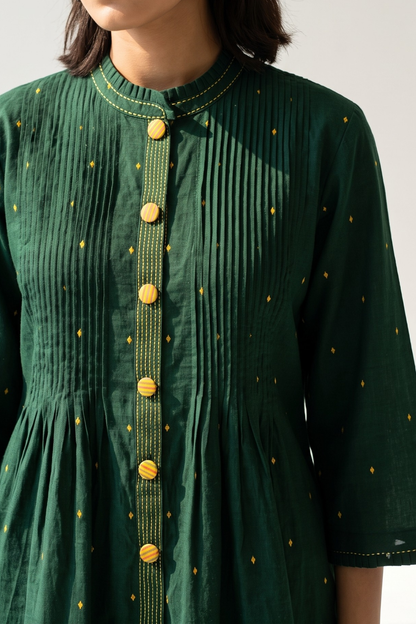 Forest & Gold Cotton Pleated Pintuck Button Down Dress Mc