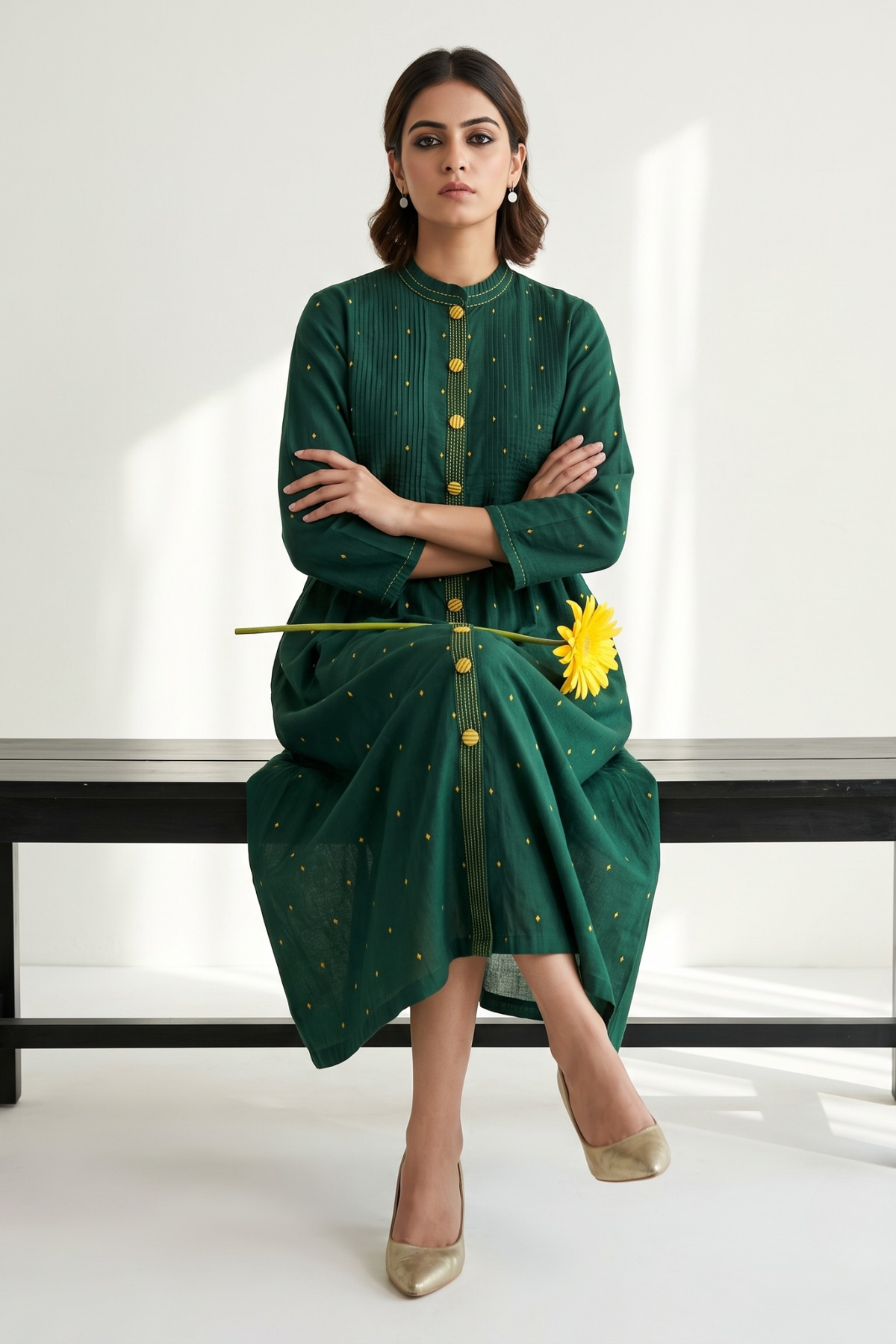 Forest & Gold Cotton Pleated Pintuck Button Down Dress Mc