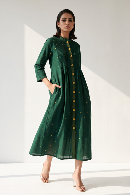 Forest & Gold Cotton Pleated Pintuck Button Down Dress Mc