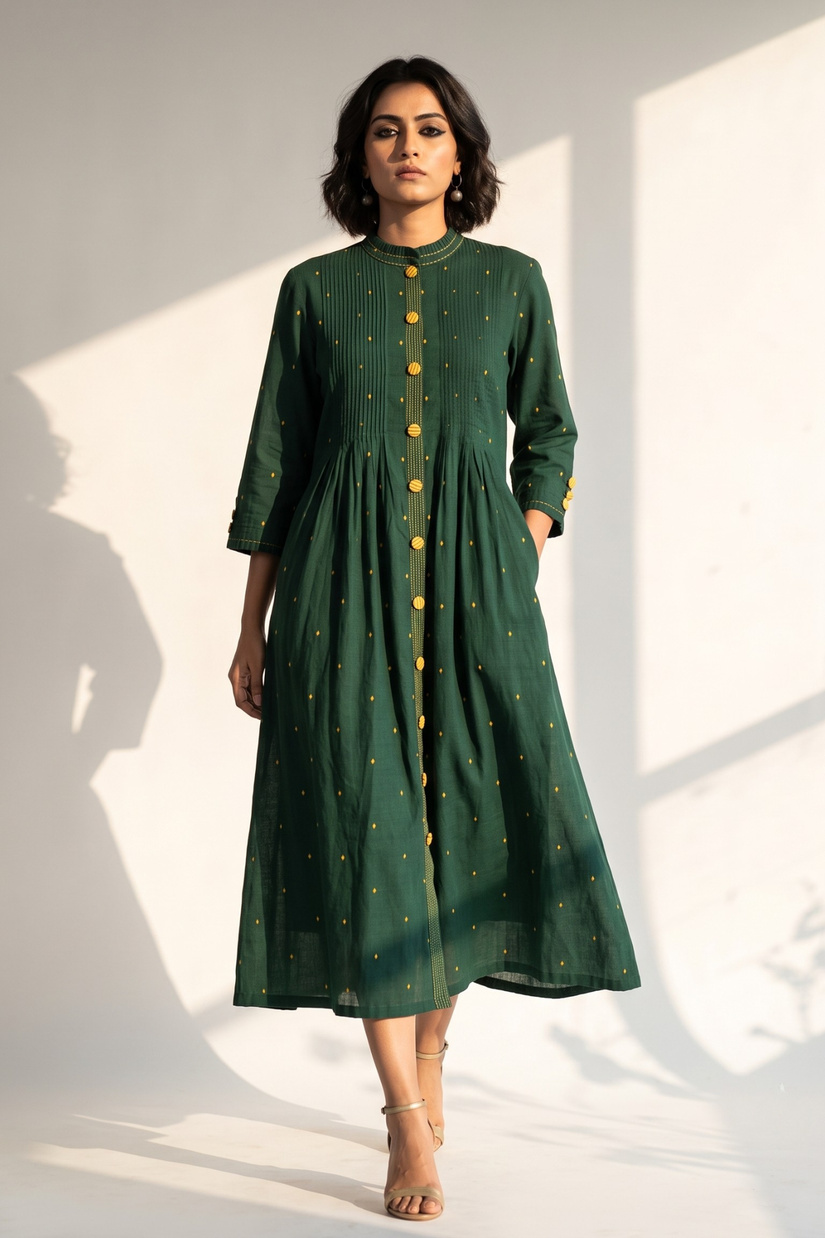 Forest & Gold Cotton Pleated Pintuck Button Down Dress Mc