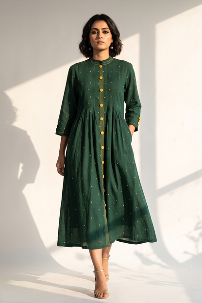 Forest & Gold Cotton Pleated Pintuck Button Down Dress Mc