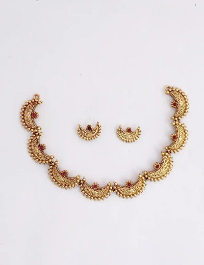 18K Gold-Tone Antique Temple Necklace Set with Red Stones and Matching Earrings