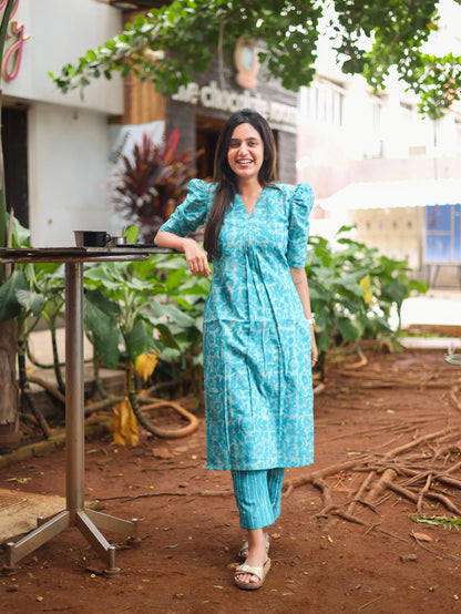 Studio Light Blue Cotton Printed Top And Bottom Set