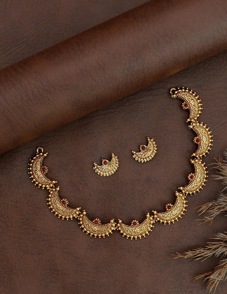 18K Gold-Tone Antique Temple Necklace Set with Red Stones and Matching Earrings