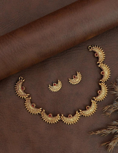 18K Gold-Tone Antique Temple Necklace Set with Red Stones and Matching Earrings