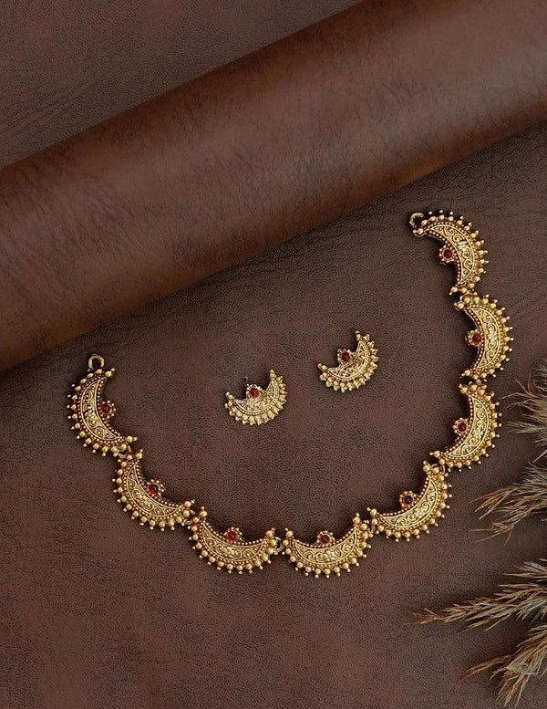 18K Gold-Tone Antique Temple Necklace Set with Red Stones and Matching Earrings LP- 48Hr Delivery