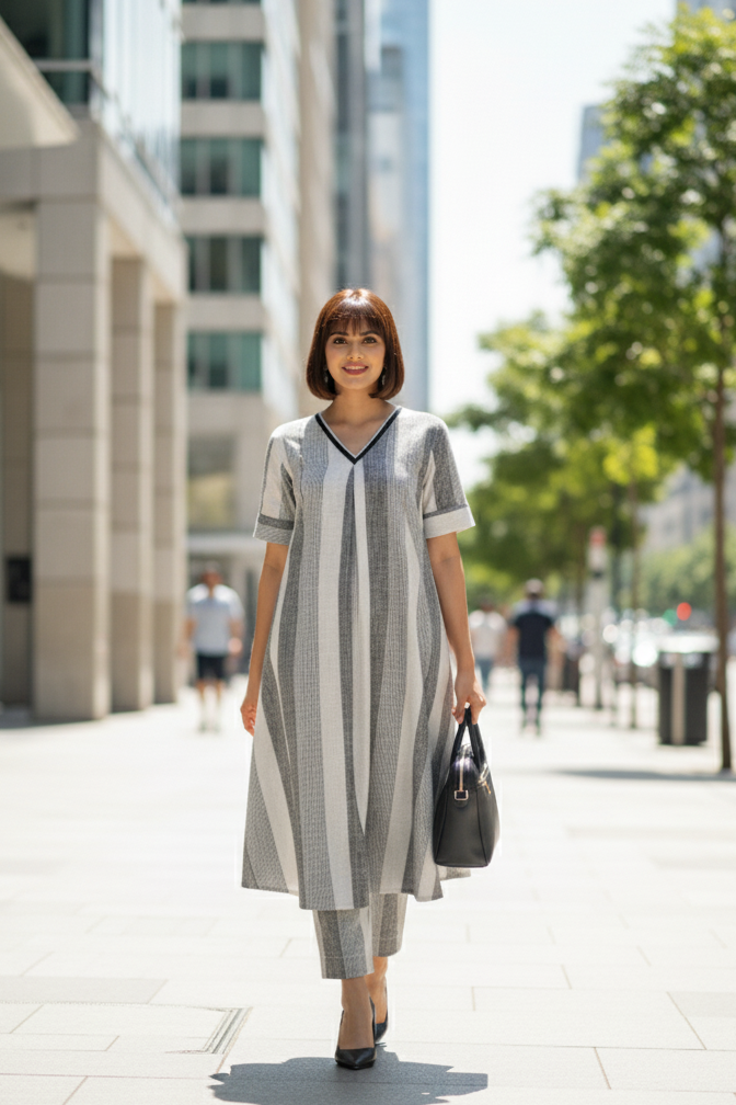 Maati  Co-Ord Set Ash Bands Modern Box Pleated Cotton Kurta & Pants