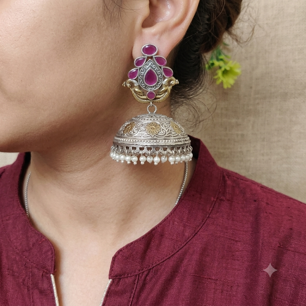 Opal Silver Look Alike Dual Tone Earrings