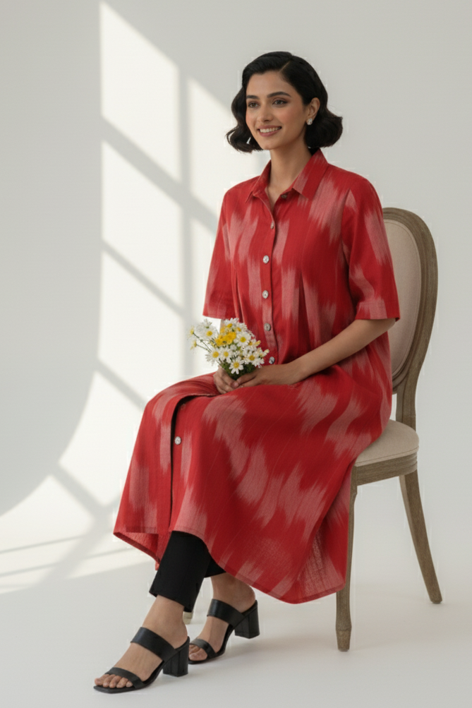 Maati  Ash Rose Cotton Ikat Box Pleat Button Down Shirt Dress