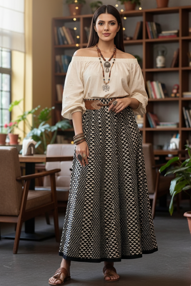 Maati Craft Gulabi Inkwoven Mirage Cotton Panelled Flared Skirt