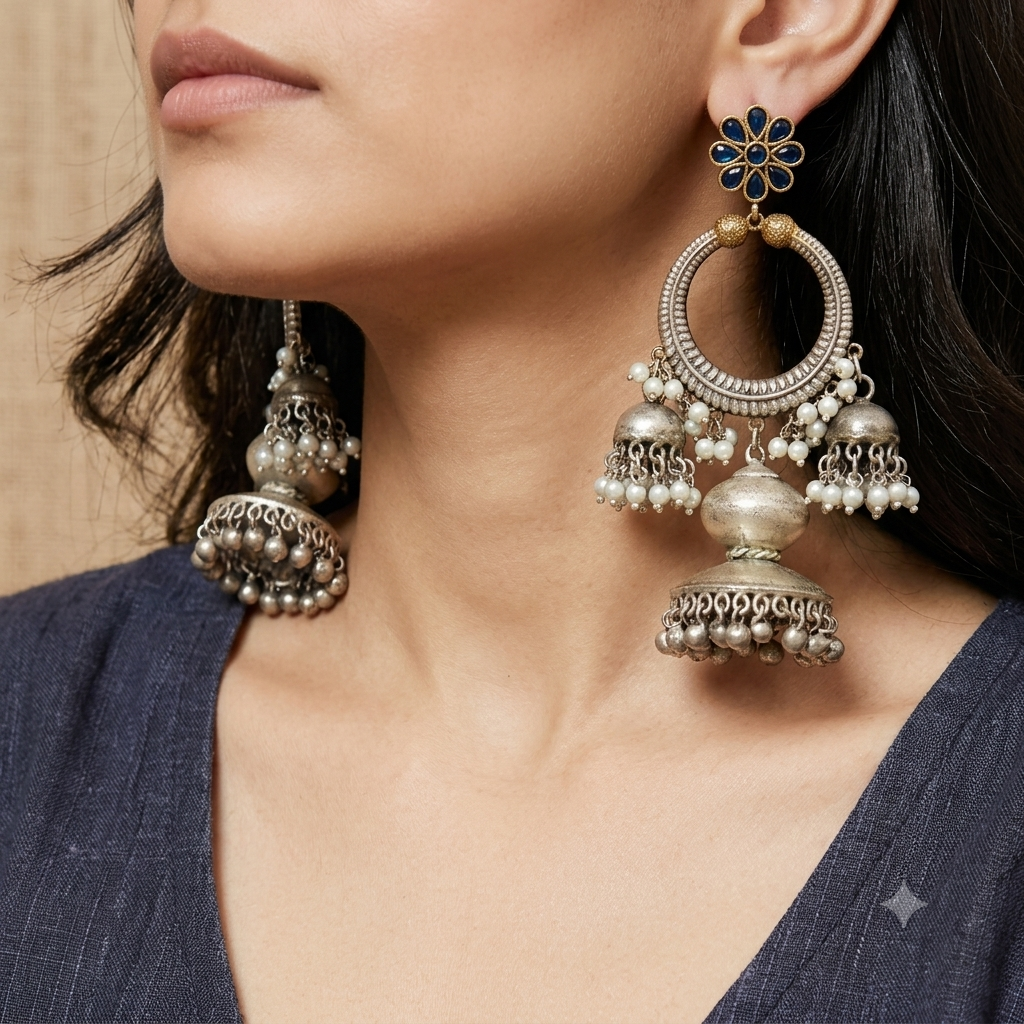Chic Silver Look Alike Dual Tone Stone Earring
