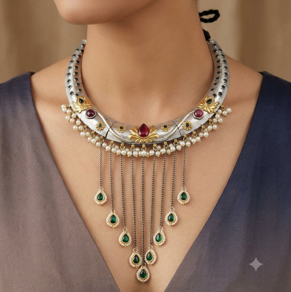 Lotus Silver Look Alike Dual Tone Choker