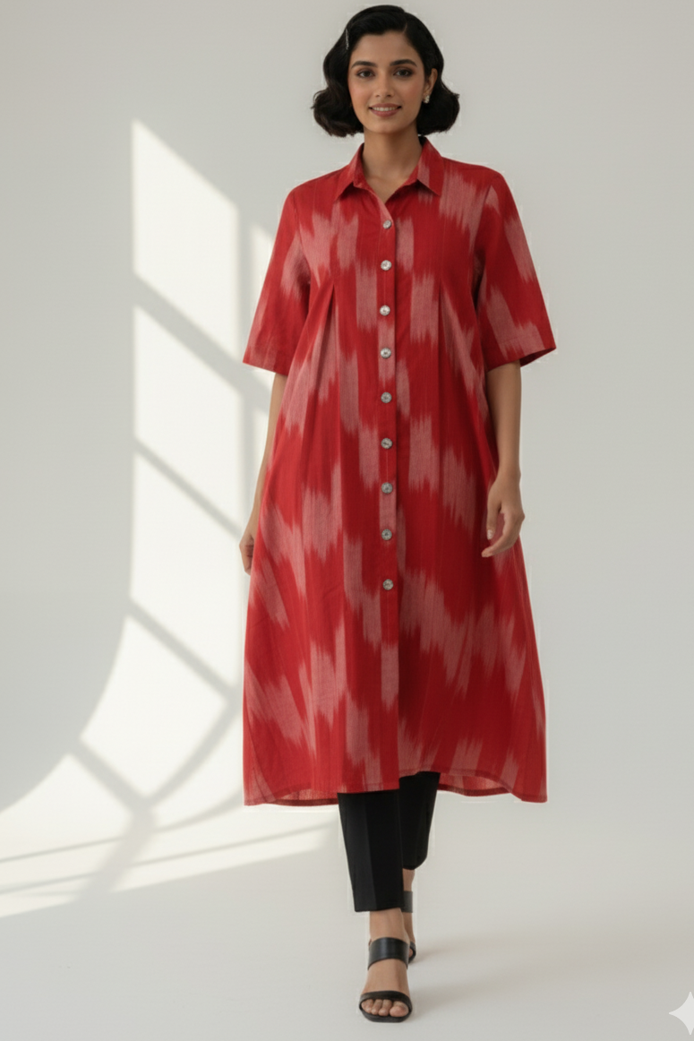 Maati  Ash Rose Cotton Ikat Box Pleat Button Down Shirt Dress