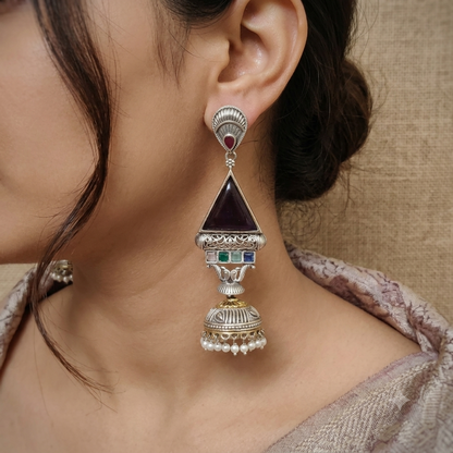 Trinaz Dual Tone Stone Earrings With Jhumka