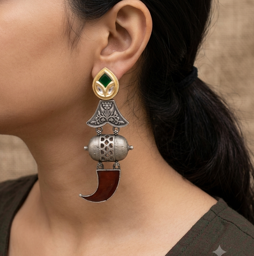 Kitar Silver Look Alike Dual Tone Earrings