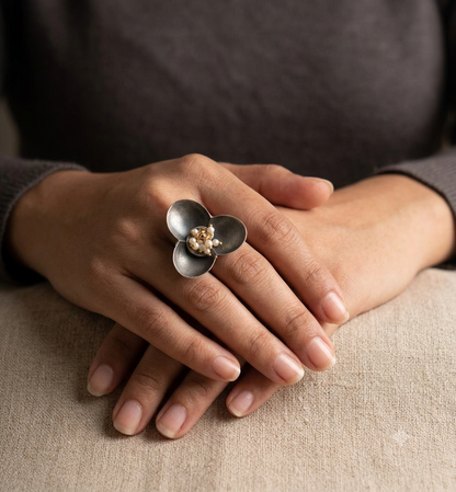 Triya  Silver Look Alike Kundan Studded Ring