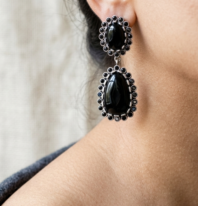 Star Black Stone Layered Oxidised Earrings