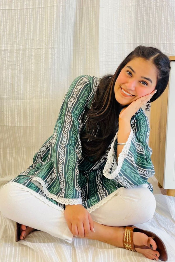Green Block Print Lace Detail Kurta