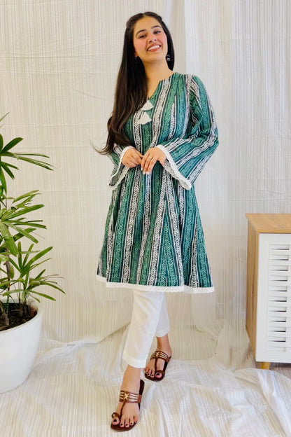 Green Block Print Lace Detail Kurta