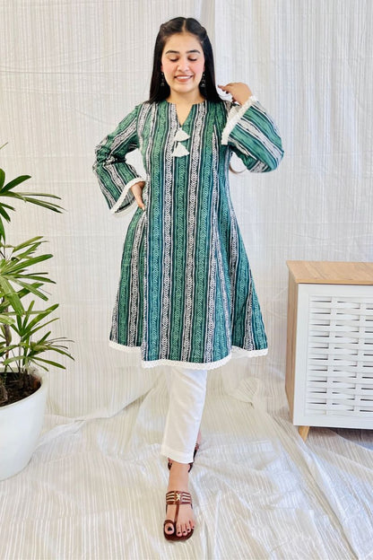 Green Block Print Lace Detail Kurta