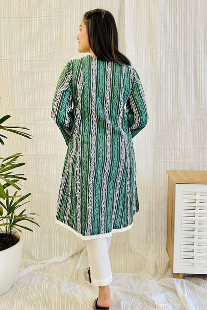 Green Block Print Lace Detail Kurta