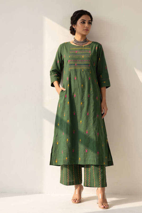Green Blush Floral Leaf Butti Cotton Pintuck Yoke Kurta With Pockets Mc
